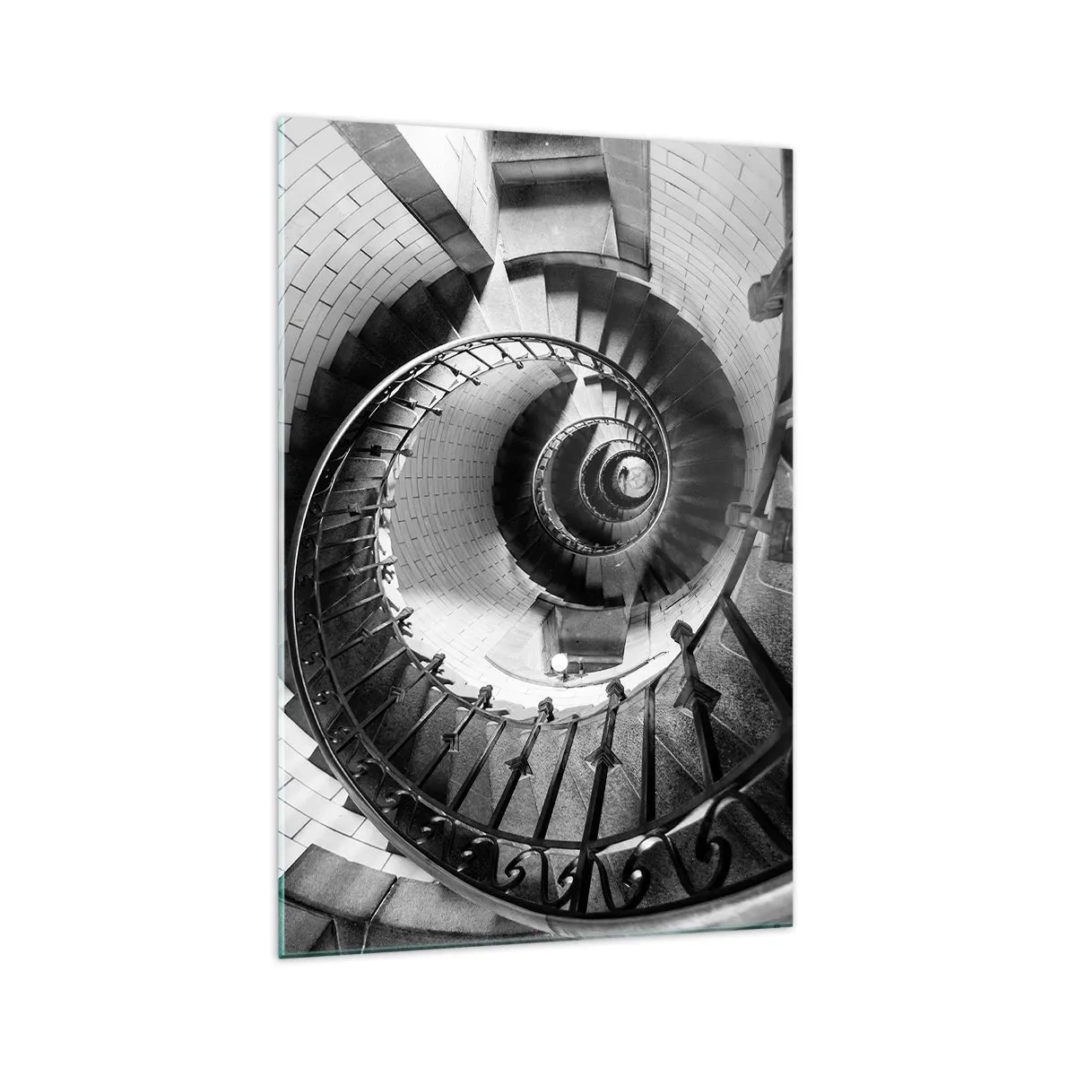 Cuadro sobre vidrio - Impresiones sobre Vidrio - Fotografía en blanco y negro de una escalera de caracol con perspectiva de arriba hacia abajo. - 70x100cm - Cada vez más alto - Decoración de pared moderna para salón y dormitorio ARTTOR