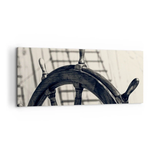 Cuadro sobre lienzo - Impresión de Imagen - Un timón de vela de estilo retro con un barco al fondo. - 120x50cm - Un cuento marino - Decoración de pared moderna para salón y dormitorio ARTTOR
