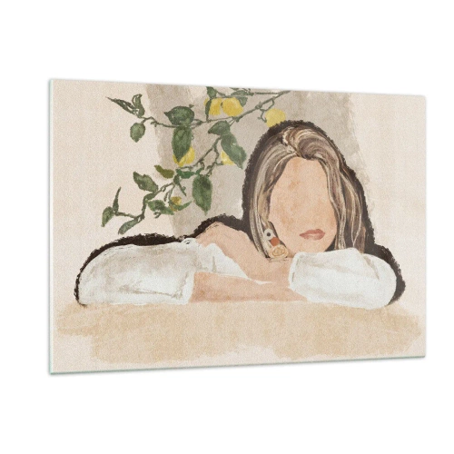 Cuadro sobre vidrio - Impresiones sobre Vidrio - Una mujer apoyada en una mesa entre las ramas de un limonero, con el rostro sin rasgos distintivos. - 120x80cm - La belleza del sur - Decoración de pared moderna para salón y dormitorio ARTTOR