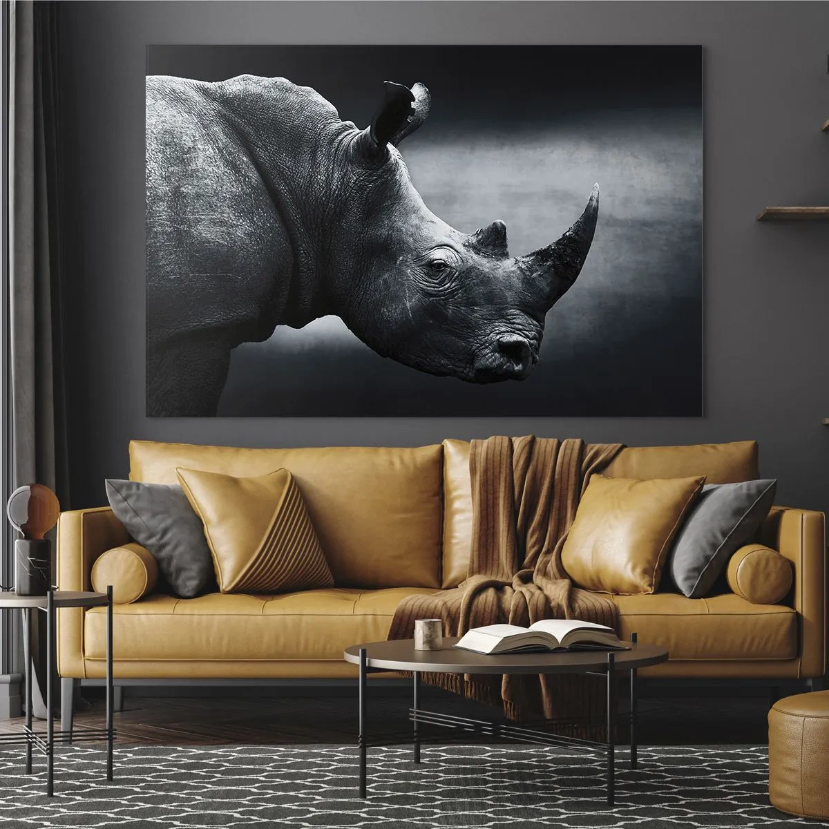 Cuadro sobre vidrio - Impresiones sobre Vidrio - Fotografía en blanco y negro de un rinoceronte. - 70x50cm - Perfil derecho - Decoración de pared moderna para salón y dormitorio ARTTOR