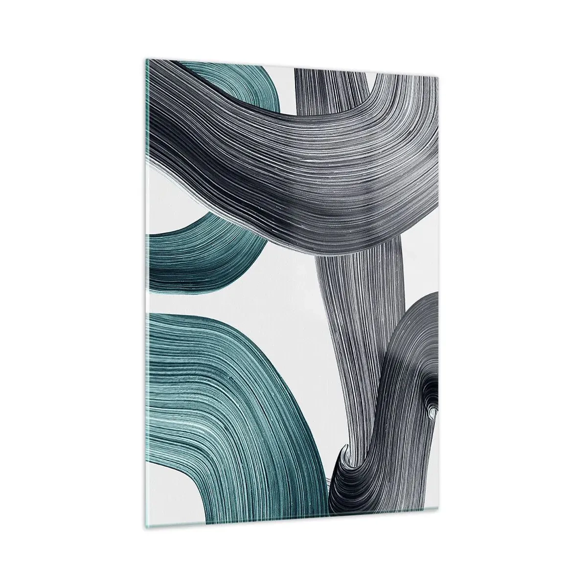 Cuadro sobre vidrio - Impresiones sobre Vidrio - Rayas dinámicas en tonos esmeralda y negro sobre un fondo blanco. - 50x70cm - Senderos esmeralda y negro - Decoración de pared moderna para salón y dormitorio ARTTOR