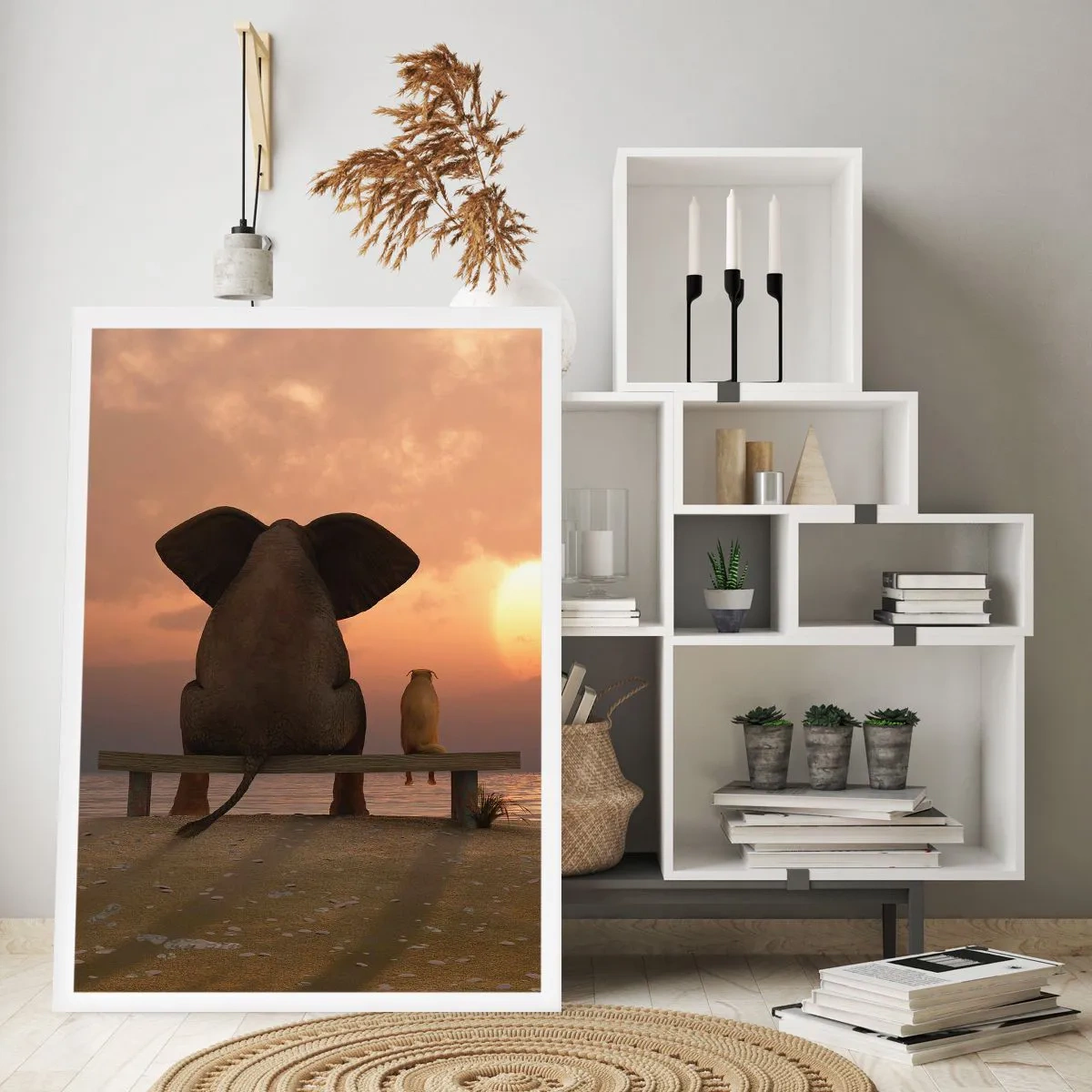 Póster - Elefante y perro en un banco al atardecer - 50x70cm - Es bueno estar en silencio juntos - Decoración de pared moderna para salón y dormitorio ARTTOR