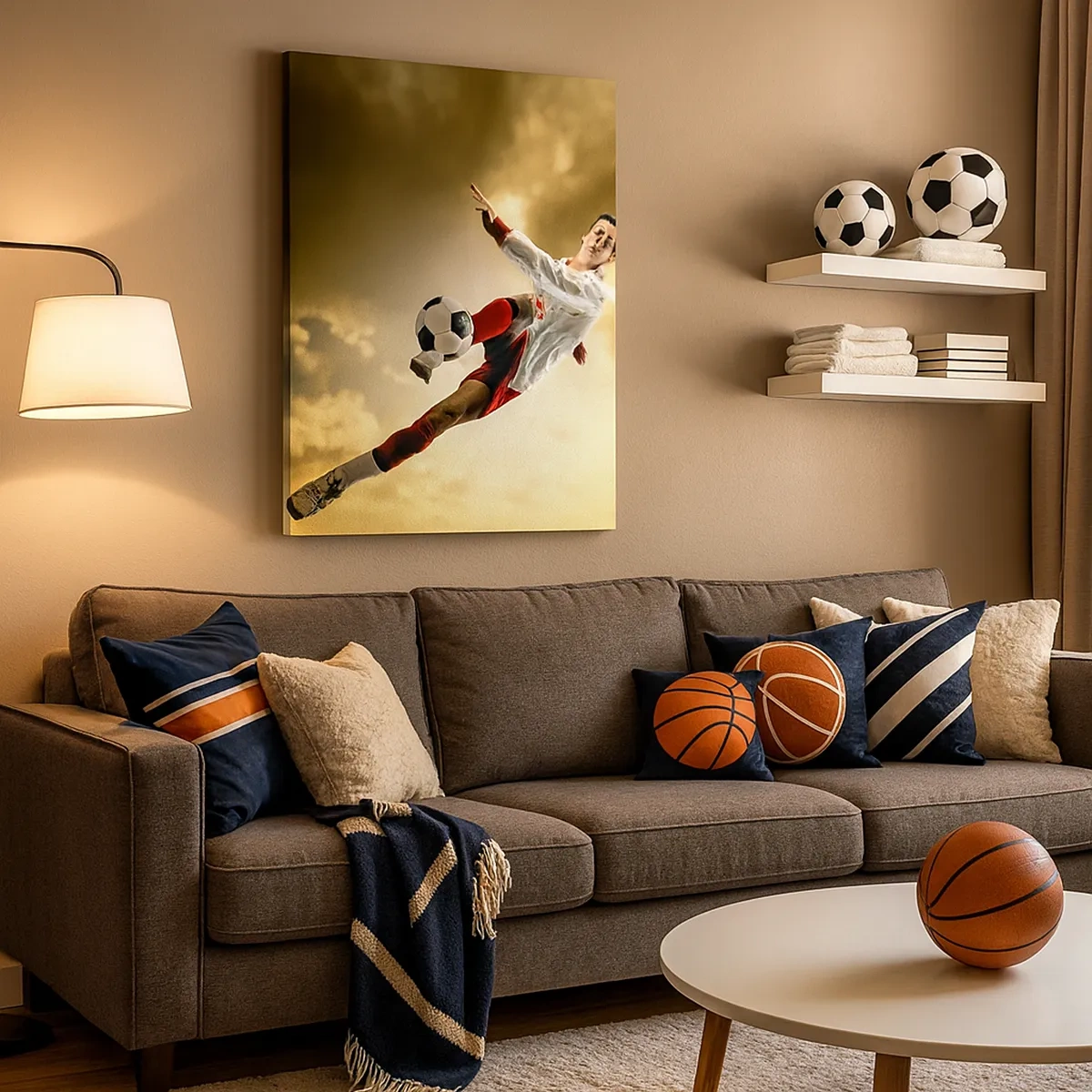 Cuadro sobre lienzo - Impresión de Imagen - Un jugador de fútbol en un salto dinámico pateando el balón contra el cielo. - 50x70cm - El cielo del fútbol - Decoración de pared moderna para salón y dormitorio ARTTOR