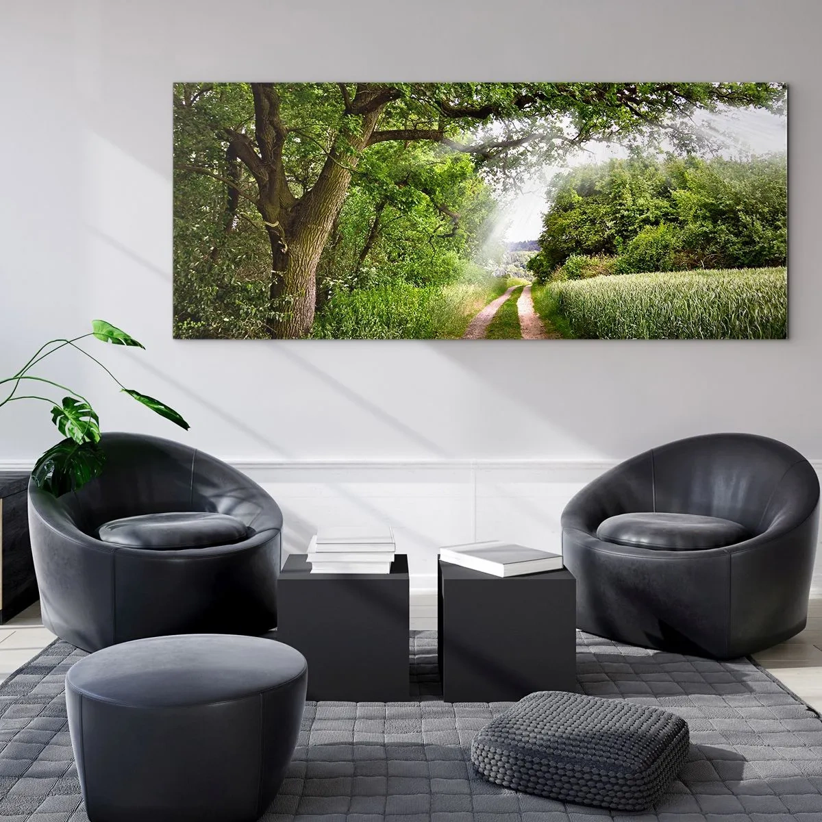 Cuadro sobre vidrio - Impresiones sobre Vidrio - Un camino de tierra entre árboles verdes y luz solar. - 120x50cm - Ensueño - Decoración de pared moderna para salón y dormitorio ARTTOR