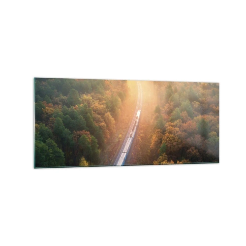 Cuadro sobre vidrio - Impresiones sobre Vidrio - Un tren en un bosque otoñal al amanecer. - 120x50cm - Un viaje otoñal - Decoración de pared moderna para salón y dormitorio ARTTOR