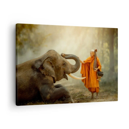 Cuadro sobre lienzo - Impresión de Imagen - Un monje y un elefante en armonía con la naturaleza como telón de fondo. - 70x50cm - Un encuentro en un viaje - Decoración de pared moderna para salón y dormitorio ARTTOR