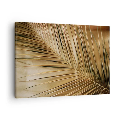 Cuadro sobre lienzo - Impresión de Imagen - Hoja de palma dorada sobre un fondo sólido - 70x50cm - Una columnata natural - Decoración de pared moderna para salón y dormitorio ARTTOR