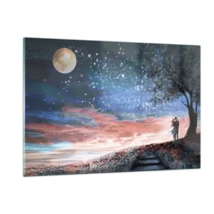 Cuadro sobre vidrio - Impresiones sobre Vidrio - Una pareja de enamorados bajo un árbol con la luna y las estrellas. - 120x80cm - Un espectáculo estelar - Decoración de pared moderna para salón y dormitorio ARTTOR