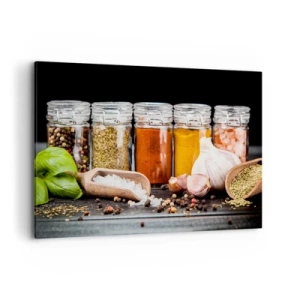 Cuadro sobre lienzo - Impresión de Imagen - Hierbas y especias en frascos de vidrio sobre un fondo oscuro. - 100x70cm - Para que la vida sepa bien - Decoración de pared moderna para salón y dormitorio ARTTOR