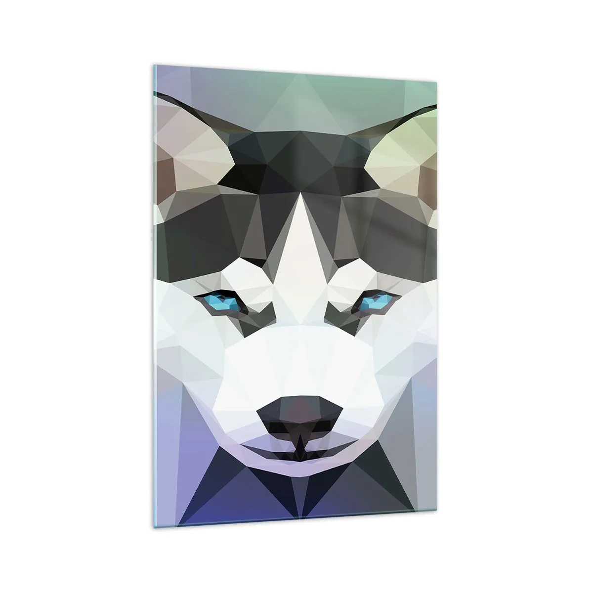 Cuadro sobre vidrio - Impresiones sobre Vidrio - Lobo geométrico con expresivos ojos azules. - 70x100cm - El recuerdo de las nieves del norte - Decoración de pared moderna para salón y dormitorio ARTTOR