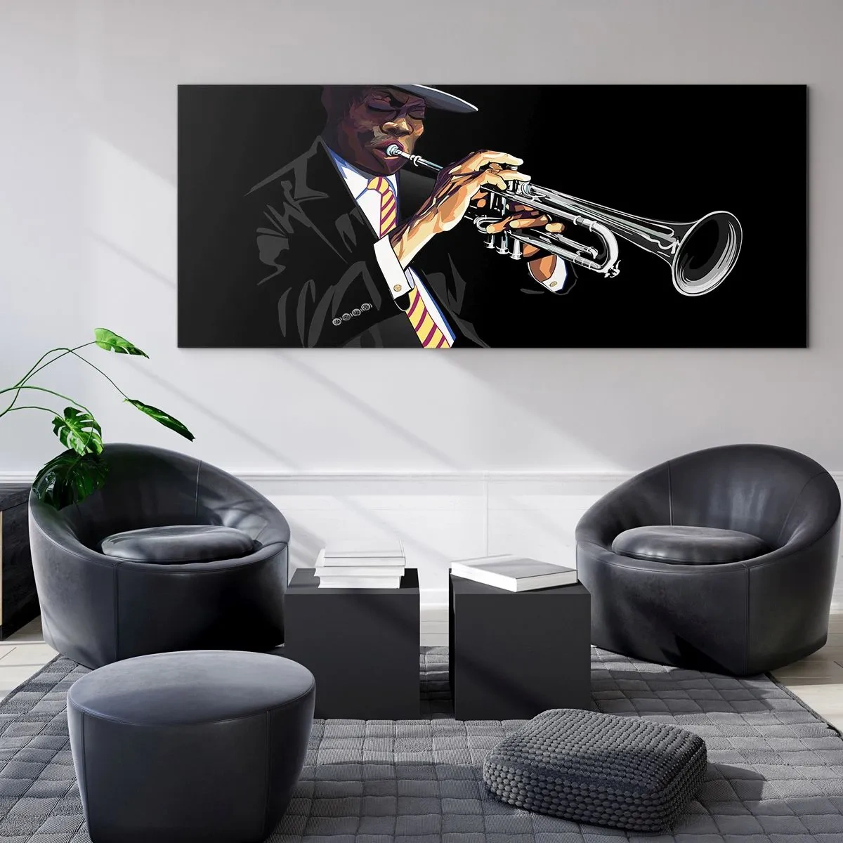 Cuadro sobre vidrio - Impresiones sobre Vidrio - Un músico tocando la trompeta sobre un fondo negro. - 160x50cm - El encanto de la vieja escuela - Decoración de pared moderna para salón y dormitorio ARTTOR