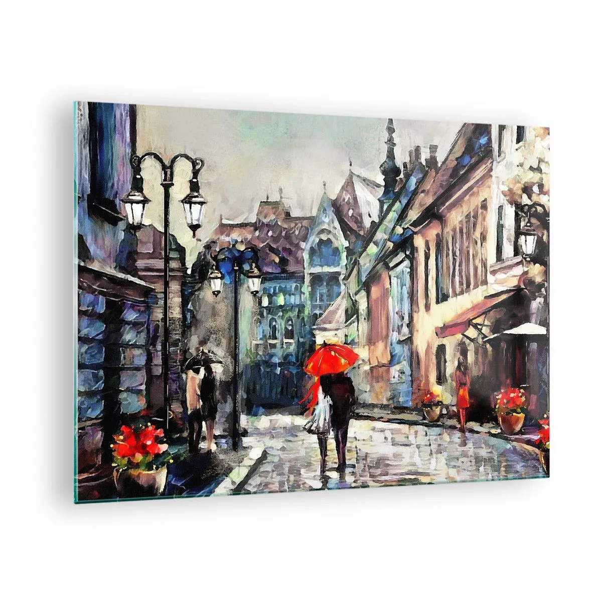 Cuadro sobre vidrio - Impresiones sobre Vidrio - Una pareja bajo un paraguas rojo paseando por una calle pintoresca. - 70x50cm - Lluvia para dos - Decoración de pared moderna para salón y dormitorio ARTTOR