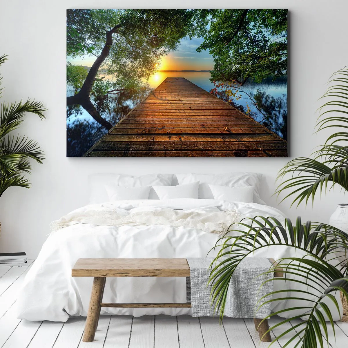 Cuadro sobre lienzo - Impresión de Imagen - Un muelle de madera rodeado de vegetación durante la puesta de sol. - 70x50cm - Tómate tu tiempo, siéntate - Decoración de pared moderna para salón y dormitorio ARTTOR