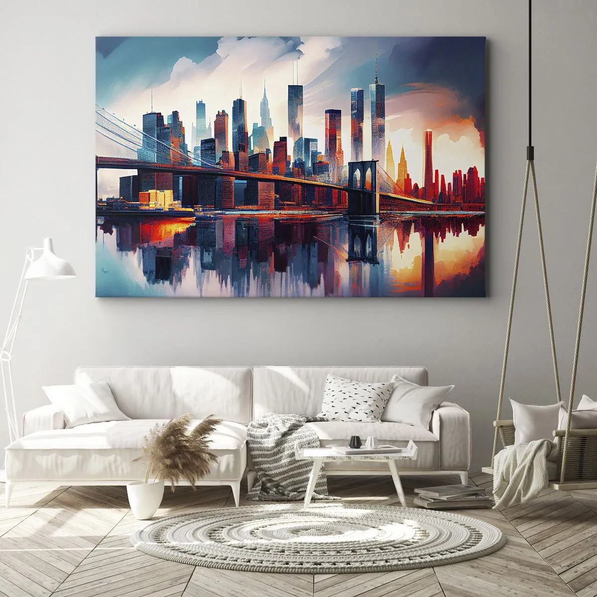 Cuadro sobre lienzo - Impresión de Imagen - Panorama de la ciudad de Nueva York con puente y reflejo en el agua - 100x70cm - Nueva York siempre luce - Decoración de pared moderna para salón y dormitorio ARTTOR
