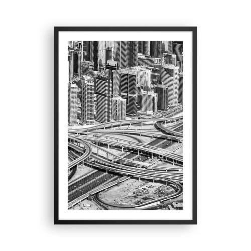 Póster en marco negro - Panorama de la ciudad con red de carreteras en estilo blanco y negro - 50x70cm - Dubái: la ciudad imposible - Decoración de pared moderna para salón y dormitorio ARTTOR