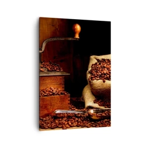 Cuadro sobre lienzo - Impresión de Imagen - Un antiguo molinillo de café con granos y una bolsa en estilo rústico. - 50x70cm - Bodegón con granos de café y molinillo - Decoración de pared moderna para salón y dormitorio ARTTOR