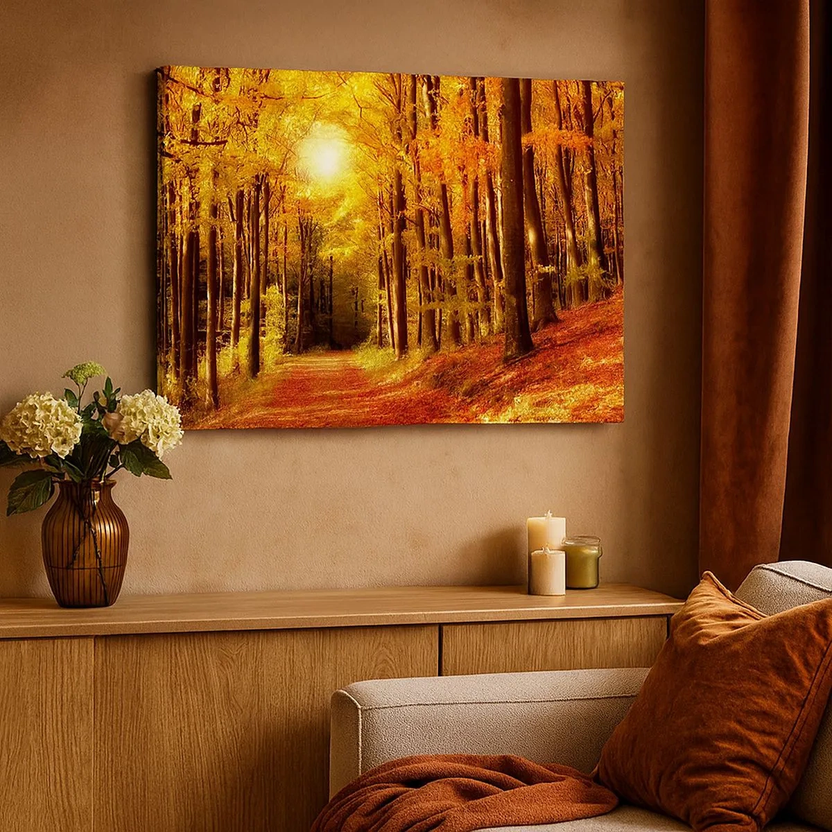 Cuadro sobre lienzo - Impresión de Imagen - Bosque otoñal con rayos de sol brillando a través de los árboles. - 70x50cm - Un otoño dorado en una carretera forestal - Decoración de pared moderna para salón y dormitorio ARTTOR