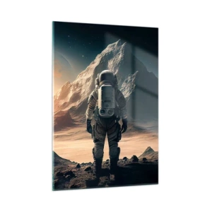 Cuadro sobre vidrio - Impresiones sobre Vidrio - Astronauta en un planeta alienígena con un paisaje montañoso. - 50x70cm - Un nuevo reto - Decoración de pared moderna para salón y dormitorio ARTTOR