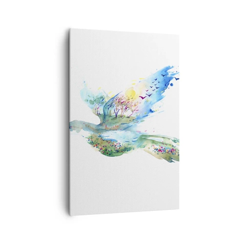 Cuadro sobre lienzo - Impresión de Imagen - Composición en acuarela de un pájaro con elementos de la naturaleza. - 80x120cm - En las alas de la naturaleza - Decoración de pared moderna para salón y dormitorio ARTTOR