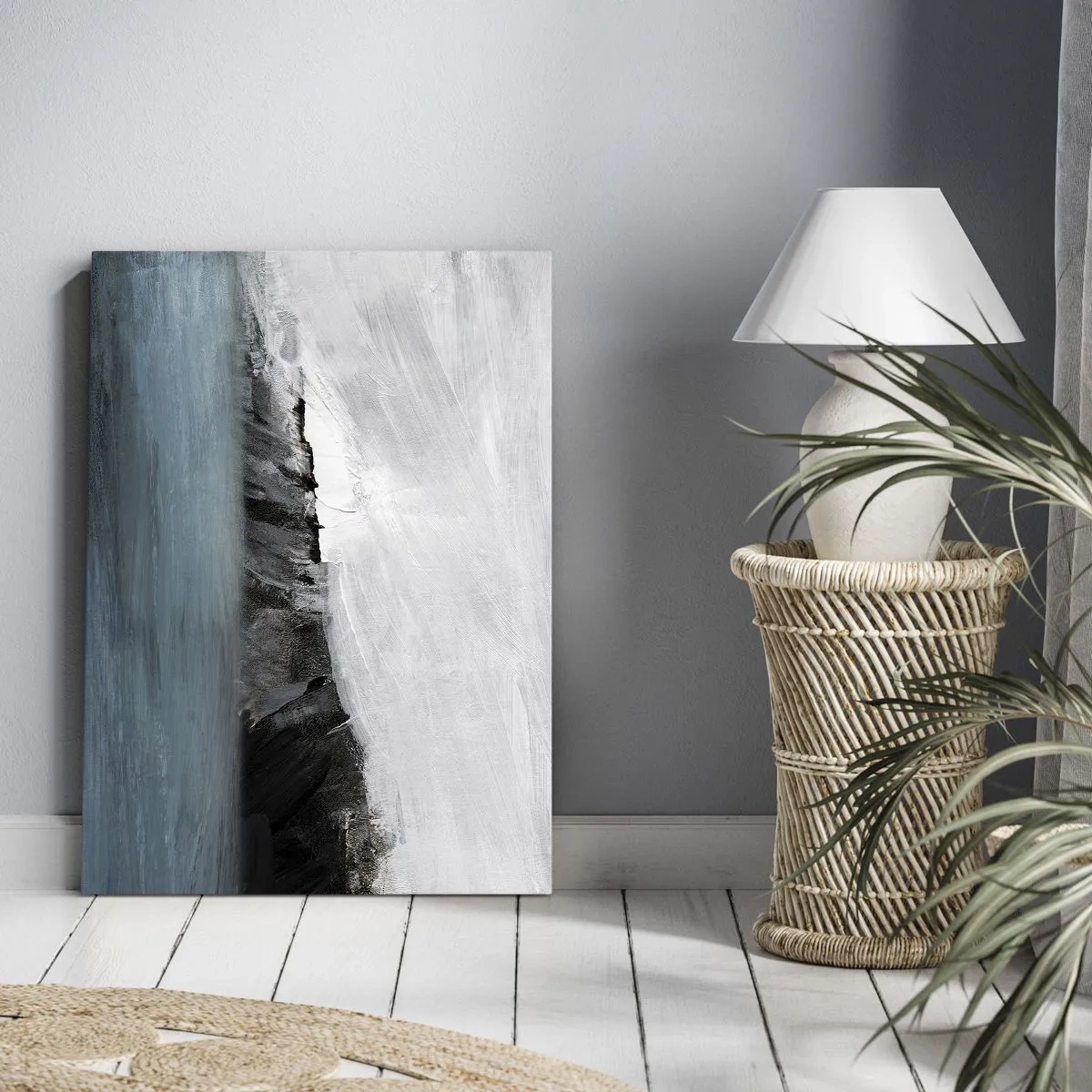 Cuadro sobre lienzo - Impresión de Imagen - Paisaje abstracto con agua y una orilla rocosa - 70x100cm - Agua - tierra: un choque de elementos - Decoración de pared moderna para salón y dormitorio ARTTOR