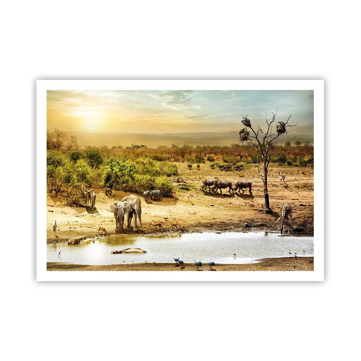 Póster - Elefantes y animales salvajes en un abrevadero al atardecer - 100x70cm - Y del Edén fluyó un río... - Decoración de pared moderna para salón y dormitorio ARTTOR