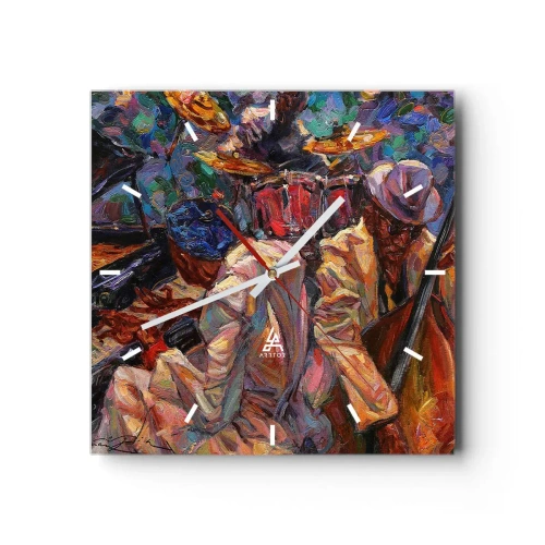Reloj de pared - Reloj de vidrio - Escena de jazz enérgica con músicos e instrumentos. - 30x30cm - En un ritmo mágico - Decoración de pared moderna para salón y dormitorio ARTTOR