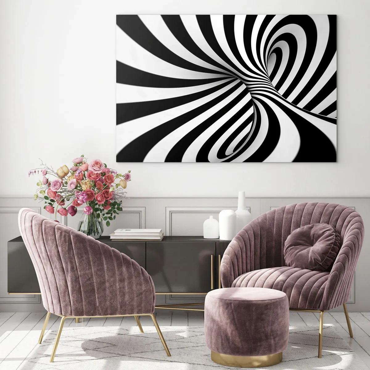 Cuadro sobre vidrio - Impresiones sobre Vidrio - Una espiral en blanco y negro que crea un efecto espacial dinámico. - 120x80cm - Composición: espacio de baile - Decoración de pared moderna para salón y dormitorio ARTTOR