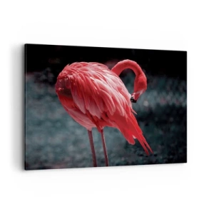 Cuadro sobre lienzo - Impresión de Imagen - Un flamenco rosa sobre un fondo verde oscuro. - 100x70cm - Un poema carmesí de la naturaleza - Decoración de pared moderna para salón y dormitorio ARTTOR