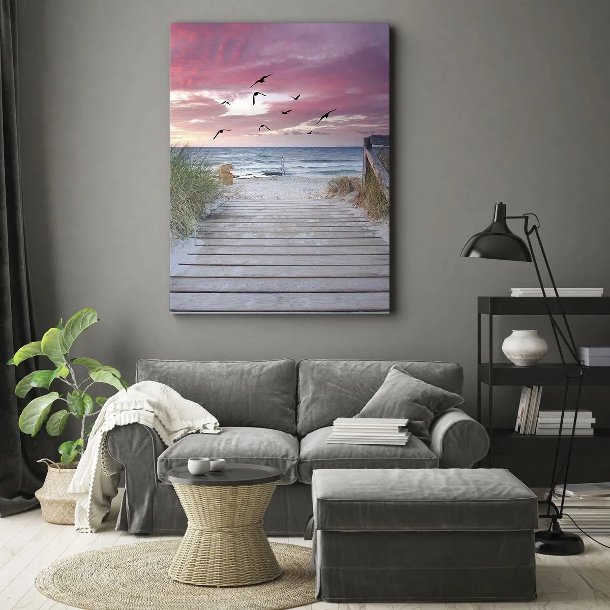 Cuadro sobre lienzo - Impresión de Imagen - Camino de madera en la playa al atardecer rosa - 50x70cm - Impresión del Báltico - Decoración de pared moderna para salón y dormitorio ARTTOR