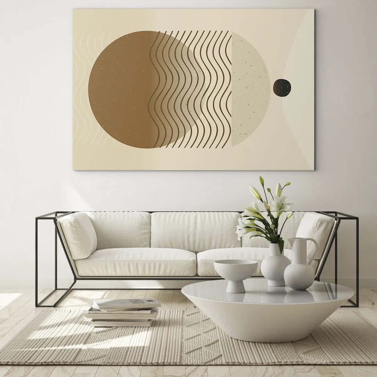 Cuadro sobre vidrio - Impresiones sobre Vidrio - Composición geométrica con ondas y círculos en colores beige. - 100x70cm - Sobre el origen de las figuras geométricas - Decoración de pared moderna para salón y dormitorio ARTTOR