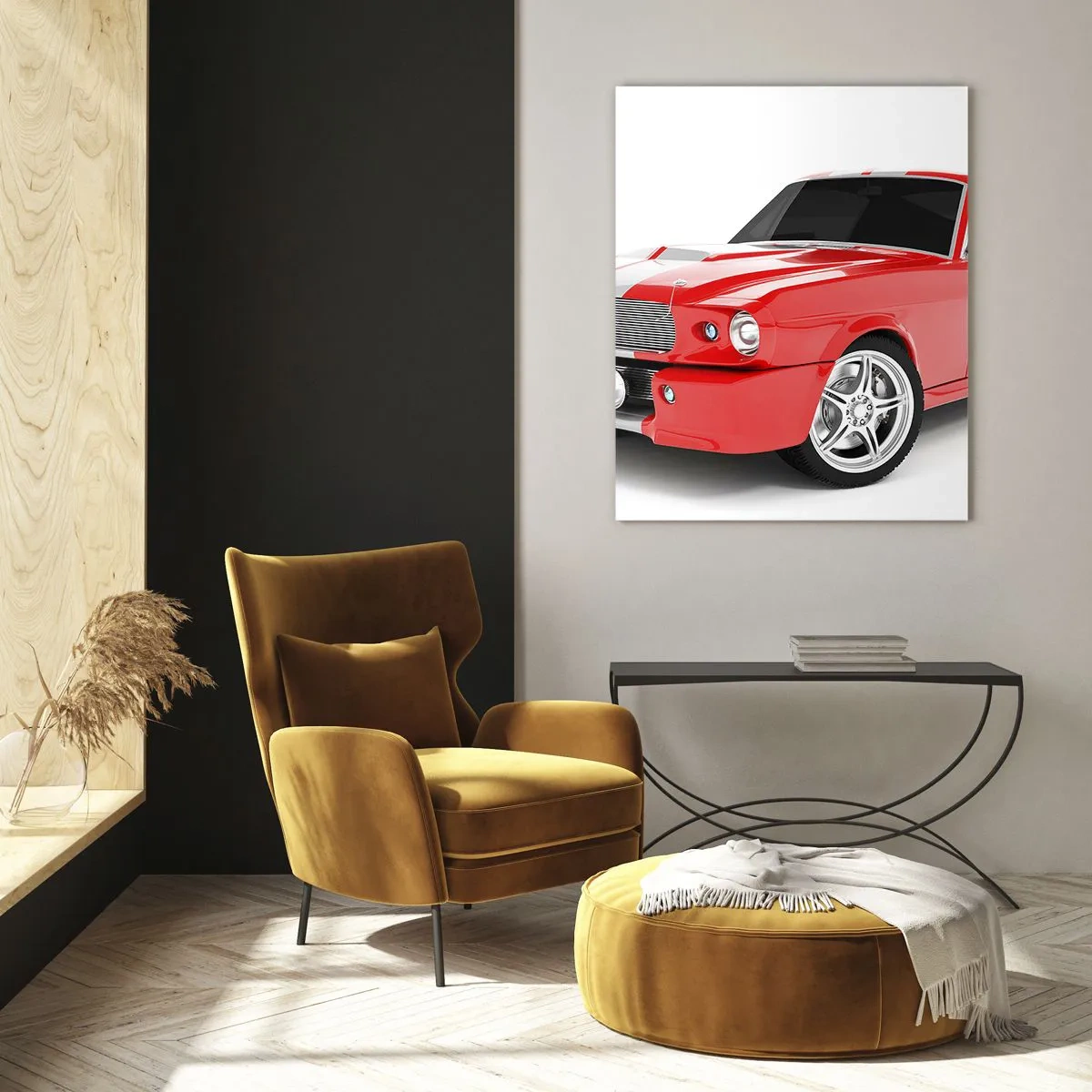 Cuadro sobre vidrio - Impresiones sobre Vidrio - Mustang deportivo clásico rojo - 50x70cm - Mustang veloz como el viento - Decoración de pared moderna para salón y dormitorio ARTTOR
