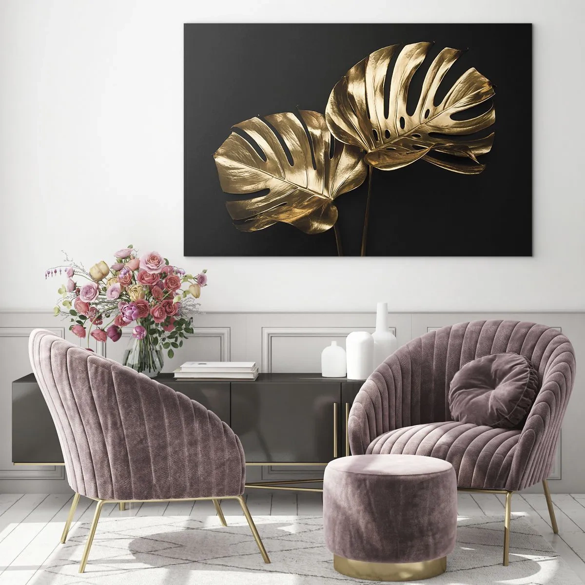 Cuadro sobre vidrio - Impresiones sobre Vidrio - Hojas de monstera doradas sobre fondo negro - 100x70cm - Tesoros de la naturaleza - Decoración de pared moderna para salón y dormitorio ARTTOR