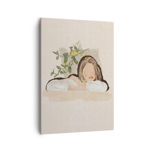 Cuadro sobre lienzo - Impresión de Imagen - La figura de una mujer sobre el fondo de un limonero. - 50x70cm - La belleza del sur - Decoración de pared moderna para salón y dormitorio ARTTOR