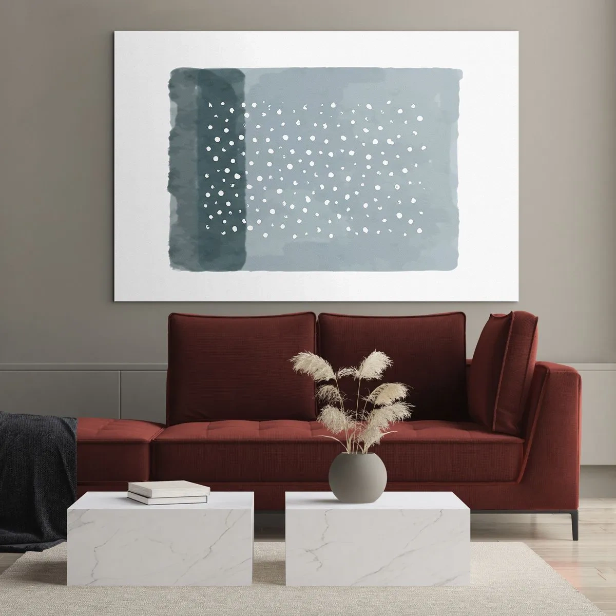 Cuadro sobre vidrio - Impresiones sobre Vidrio - Una pintura abstracta en tonos azules con puntos blancos. - 70x50cm - Creación sobre azul - Decoración de pared moderna para salón y dormitorio ARTTOR