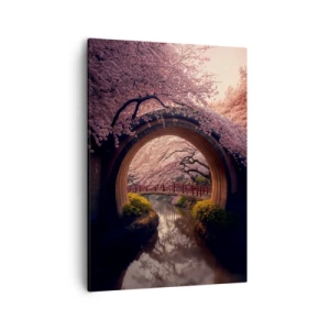 Cuadro sobre lienzo - Impresión de Imagen - Un puente tradicional japonés rodeado de flores de cerezo. - 50x70cm - Primavera japonesa - Decoración de pared moderna para salón y dormitorio ARTTOR