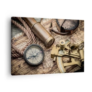 Cuadro sobre lienzo - Impresión de Imagen - Una brújula, un sextante y un telescopio sobre el fondo de un mapa antiguo y una cuerda náutica. - 70x50cm - Establecer un rumbo - Decoración de pared moderna para salón y dormitorio ARTTOR