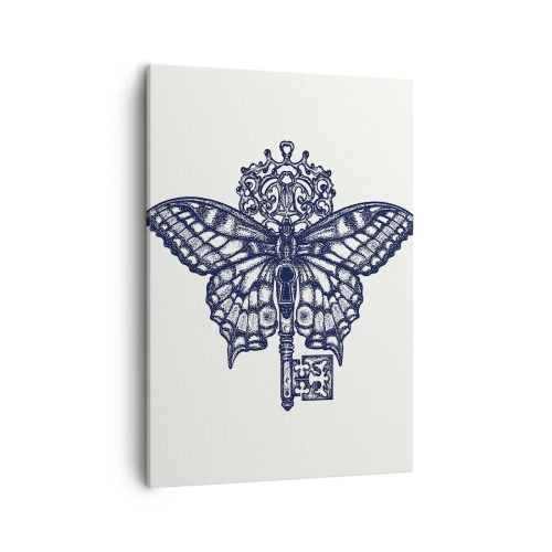Cuadro sobre lienzo - Impresión de Imagen - Elegante gráfico de mariposa y llave en un estilo minimalista. - 50x70cm - Todos los secretos del corazón - Decoración de pared moderna para salón y dormitorio ARTTOR