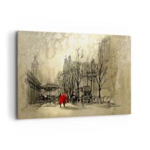 Cuadro sobre lienzo - Impresión de Imagen - Una figura roja en un entorno urbano nostálgico - 120x80cm - Cita en la niebla de Londres  - Decoración de pared moderna para salón y dormitorio ARTTOR