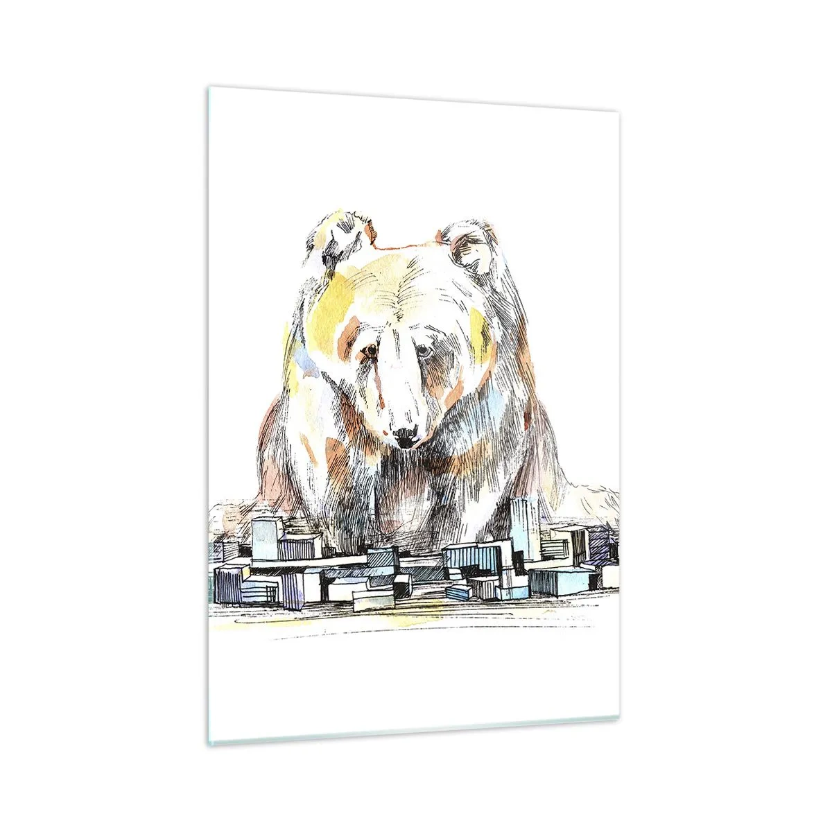 Cuadro sobre vidrio - Impresiones sobre Vidrio - Un oso mirando la ciudad en una composición artística. - 50x70cm - ¿Cómo podéis vivir así? - Decoración de pared moderna para salón y dormitorio ARTTOR