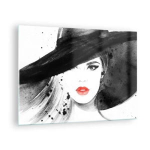Cuadro sobre vidrio - Impresiones sobre Vidrio - Retrato de una mujer con sombrero negro y labios rojos. - 70x50cm - Dama de negro - Decoración de pared moderna para salón y dormitorio ARTTOR