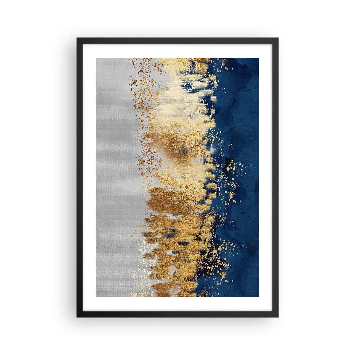 Póster en marco negro - Una composición abstracta en tonos azul marino, dorado y plateado. - 50x70cm - Composición moderna con chispas - Decoración de pared moderna para salón y dormitorio ARTTOR
