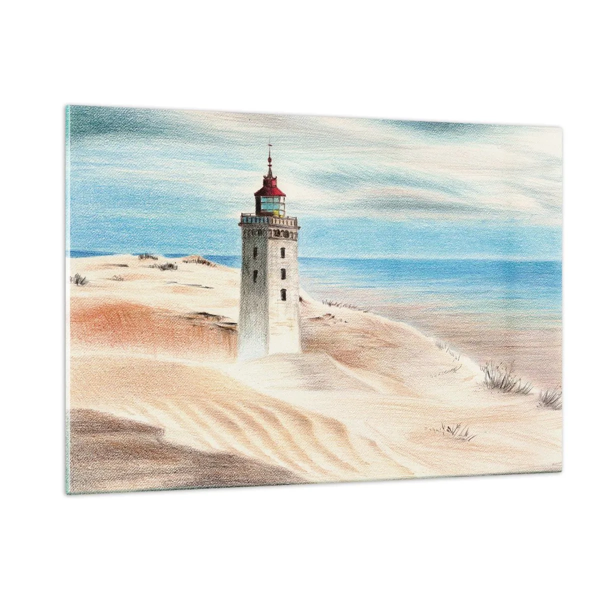 Cuadro sobre vidrio - Impresiones sobre Vidrio - Un faro en una duna del desierto junto a un mar en calma - 120x80cm - Siempre mirando al mar - Decoración de pared moderna para salón y dormitorio ARTTOR