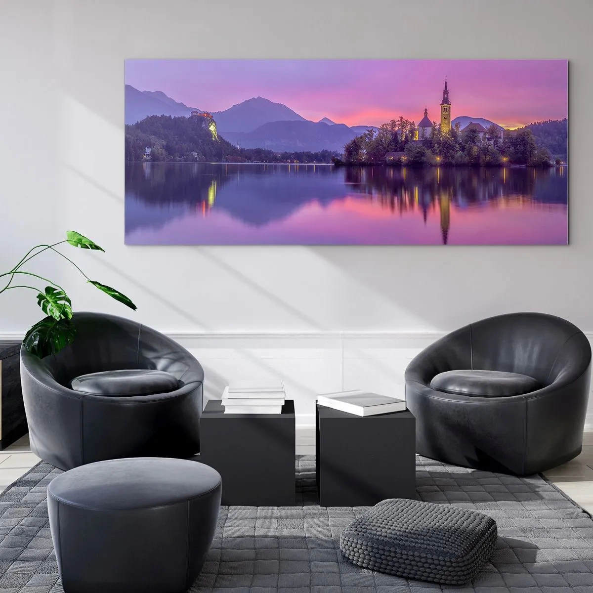 Cuadro sobre vidrio - Impresiones sobre Vidrio - Lago con una isla y una iglesia al atardecer - 120x50cm - Isla de cuento de hadas al atardecer - Decoración de pared moderna para salón y dormitorio ARTTOR