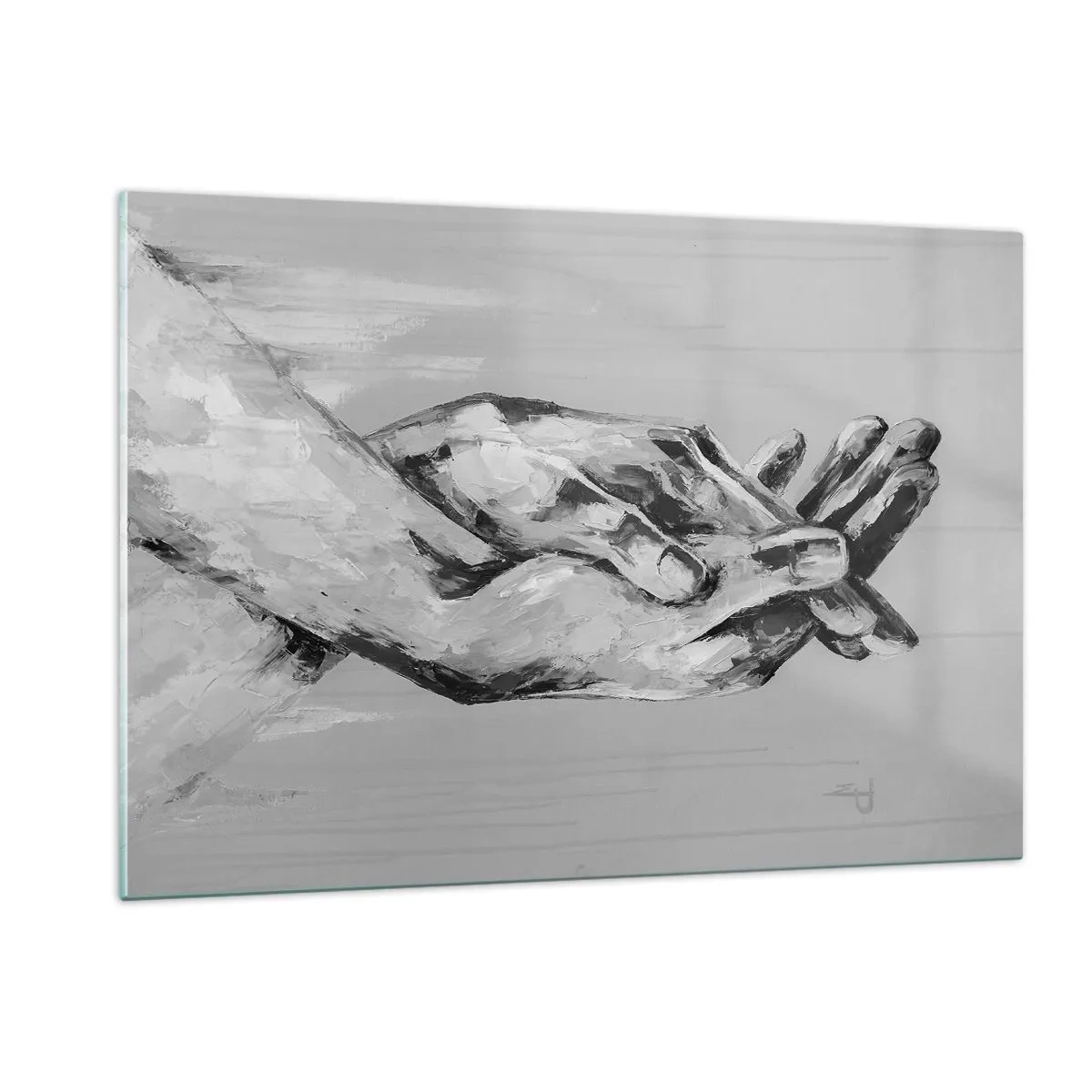 Cuadro sobre vidrio - Impresiones sobre Vidrio - Pintura en blanco y negro de dos manos que se extienden una hacia la otra. - 120x80cm - El comienzo... - Decoración de pared moderna para salón y dormitorio ARTTOR