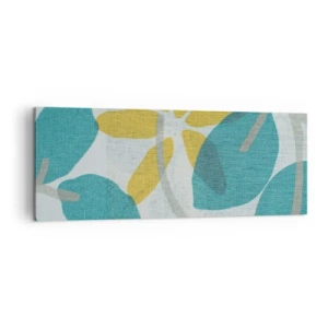 Cuadro sobre lienzo - Impresión de Imagen - Hojas en tonos turquesa y amarillo sobre un fondo claro. - 140x50cm - Entre hojas azules - Decoración de pared moderna para salón y dormitorio ARTTOR