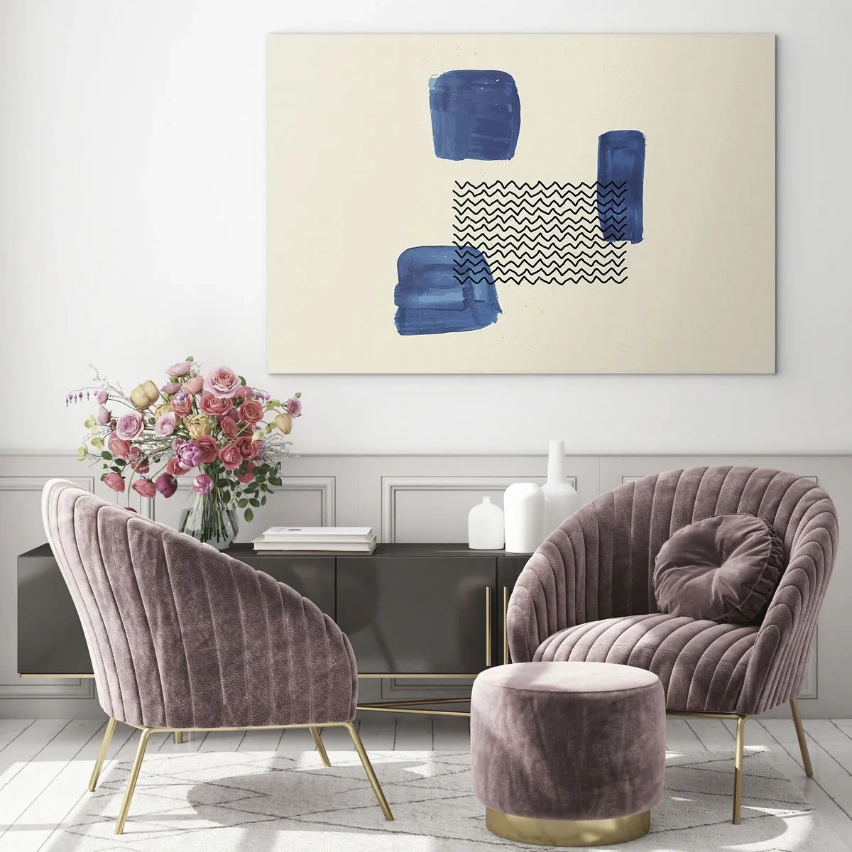 Cuadro sobre vidrio - Impresiones sobre Vidrio - Abstracción moderna con acentos azules. - 120x80cm - Un cuarteto abstracto - Decoración de pared moderna para salón y dormitorio ARTTOR