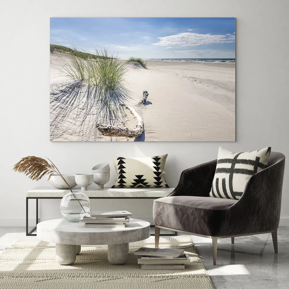 Cuadro sobre vidrio - Impresiones sobre Vidrio - Una playa soleada con dunas y posidonia. - 70x50cm - ¿La más bella? Báltico - Decoración de pared moderna para salón y dormitorio ARTTOR