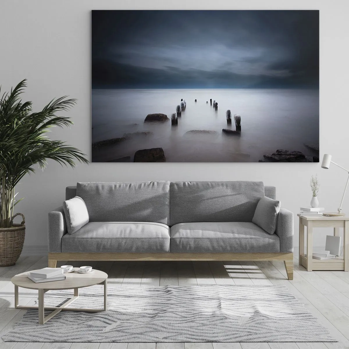 Cuadro sobre vidrio - Impresiones sobre Vidrio - Paisaje costero atmosférico con pilotes de madera. - 70x50cm - El lago del pensamiento - Decoración de pared moderna para salón y dormitorio ARTTOR