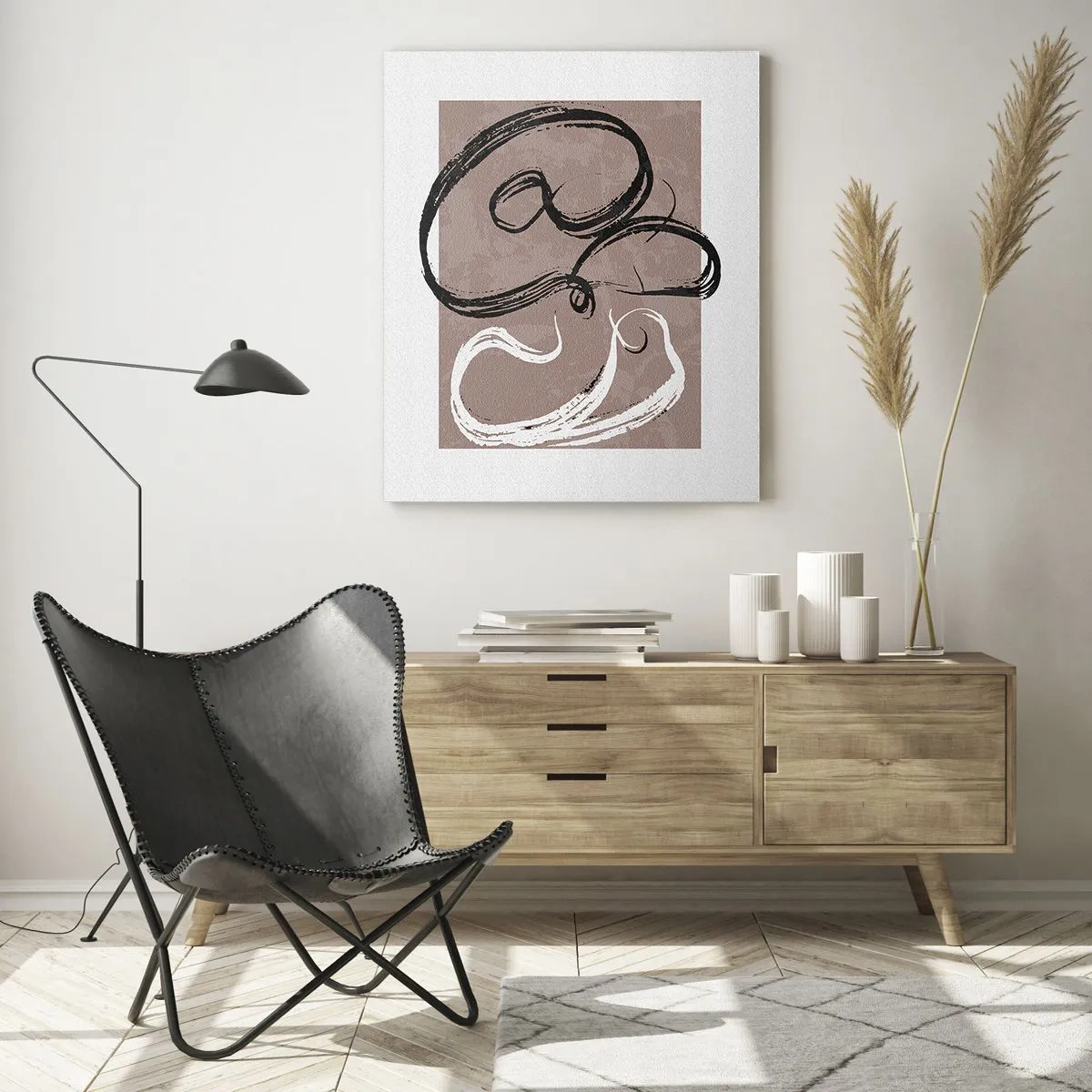 Cuadro sobre vidrio - Impresiones sobre Vidrio - Pinceladas dinámicas en blanco y negro sobre fondo beige. - 50x70cm - Composición: la búsqueda de la plenitud - Decoración de pared moderna para salón y dormitorio ARTTOR