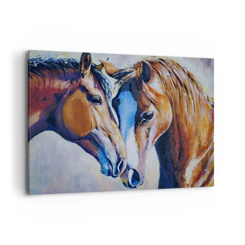 Cuadro sobre lienzo - Impresión de Imagen - Una representación pictórica de dos caballos en un entorno amigable. - 100x70cm - ¿Esto es amistad? ¿Es amor? - Decoración de pared moderna para salón y dormitorio ARTTOR